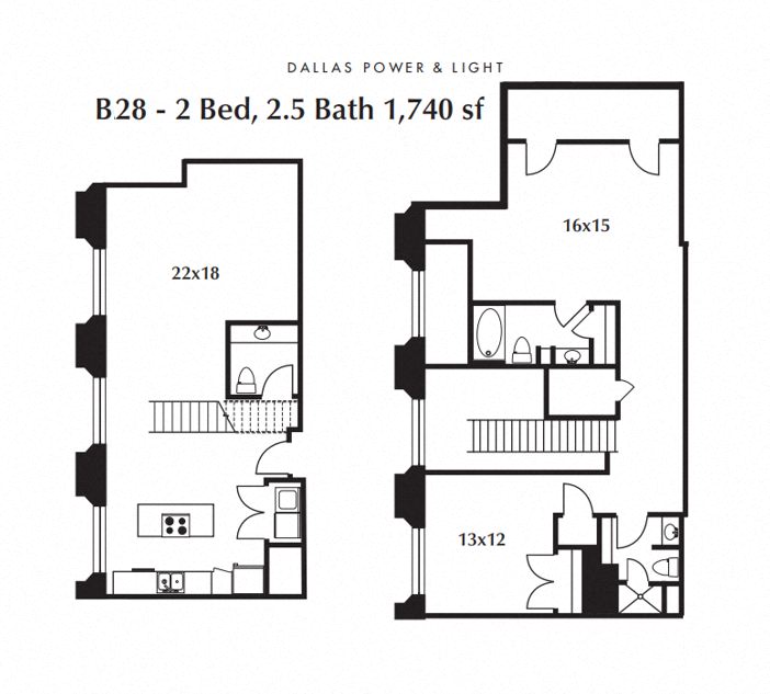 Floor plan for 2 beds, 2.5 baths, 1740 sqft